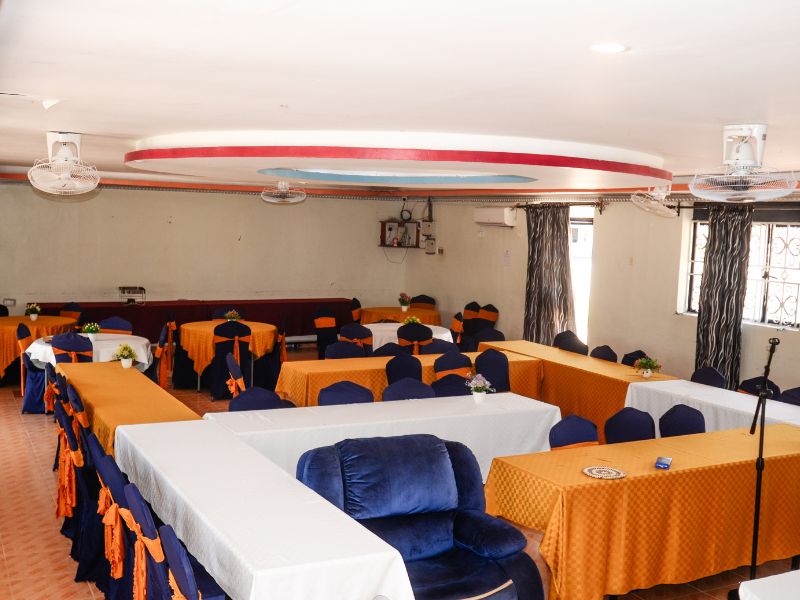 Conference room prepared for a meeting at Sandfields Lodwar Camp